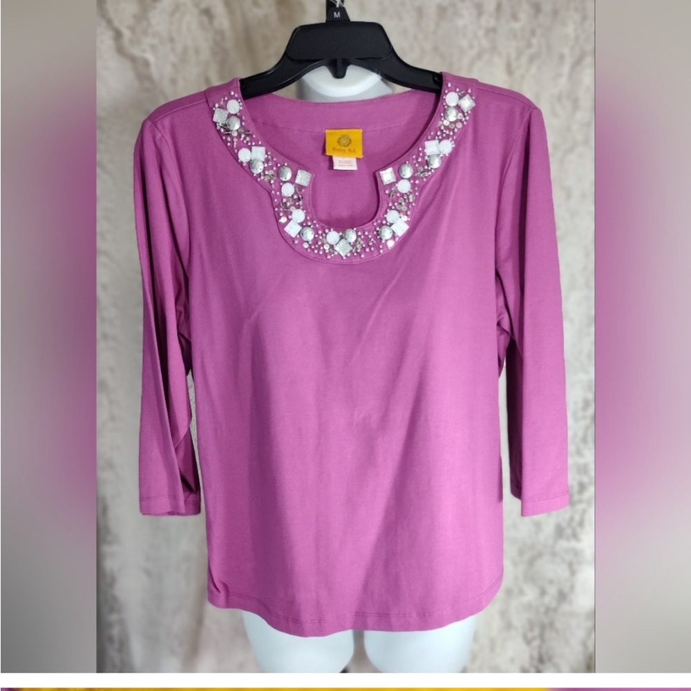 Ruby Rd. Pink Purple Embellished 3/4 Sleeve Top Large - Picture 2 of 4